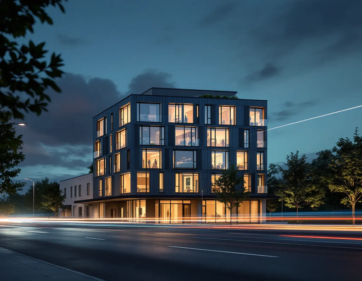 Photoreal dusk rendering of a modern building with soft light trails along the street