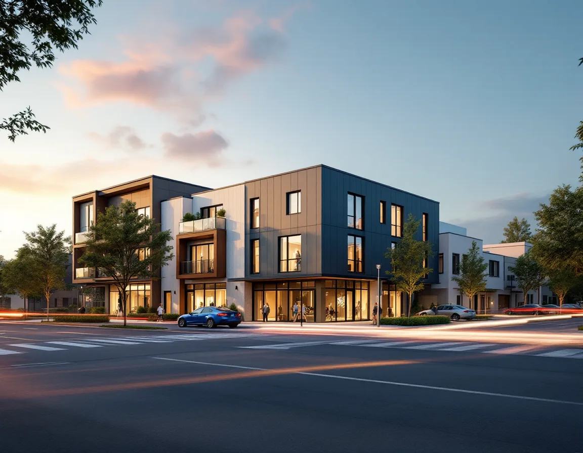 Photoreal daylight exterior rendering of a modern mixed-use building with resolved landscaping and accurate shadows